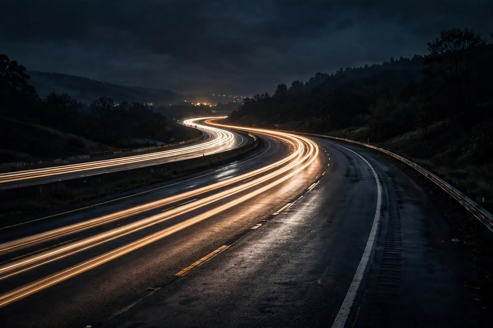 Night highway with red and white light trails, seen from above