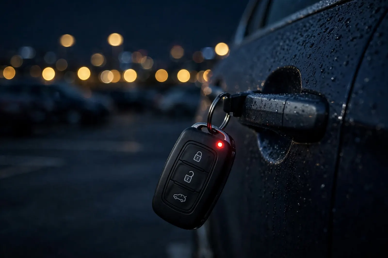 Car key fob with a glowing red LED held up against city lights at night